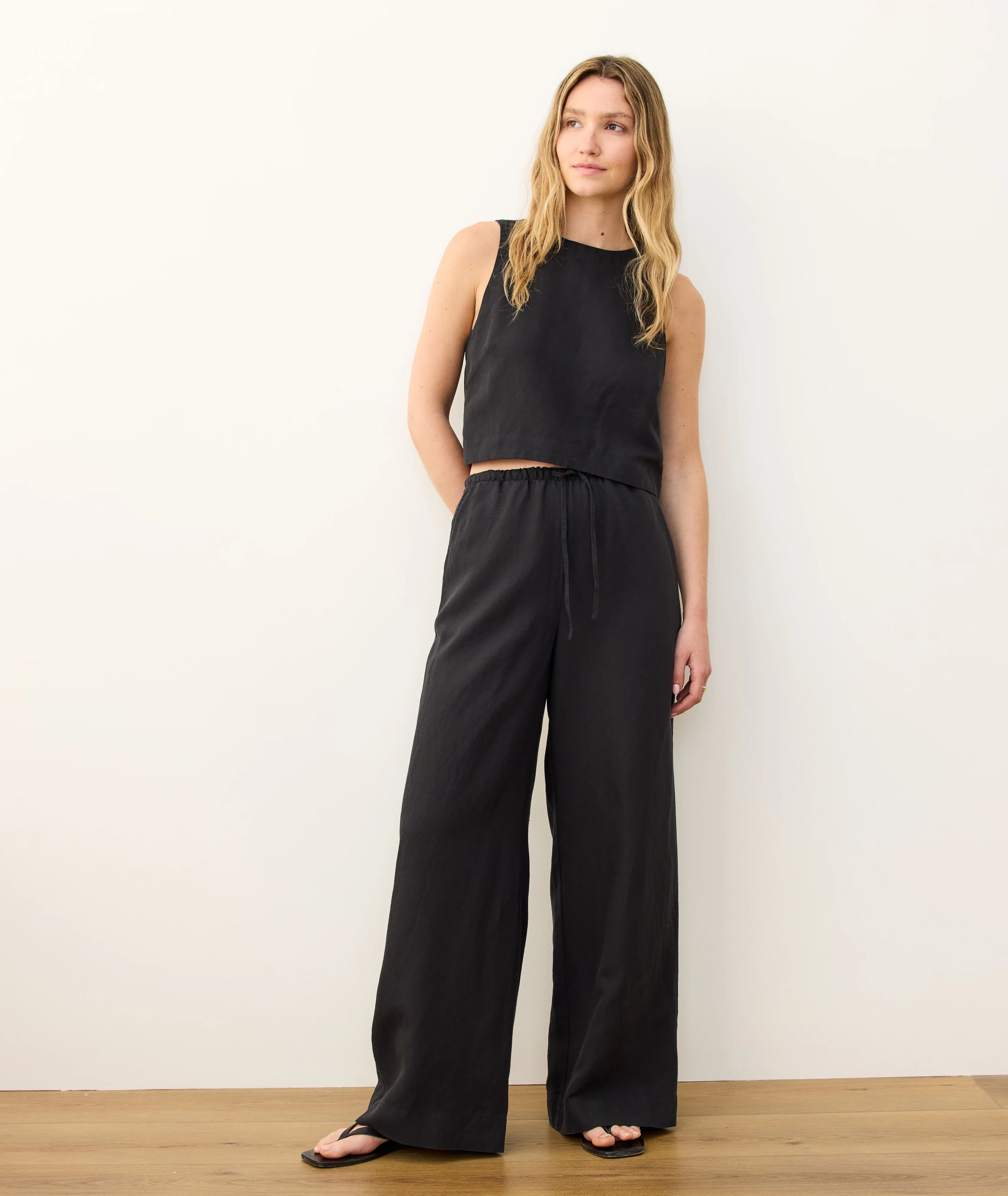 Linen Drawstring Wide Leg Pant - Image 3